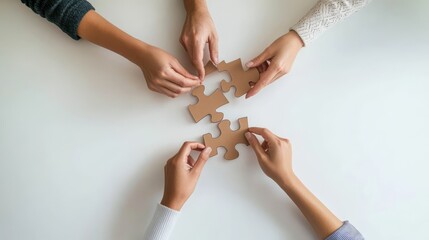 Teamwork Makes the Dream Work: Four hands of diverse individuals collaborate, connecting puzzle pieces on a table, symbolizing unity, problem-solving, and shared success.