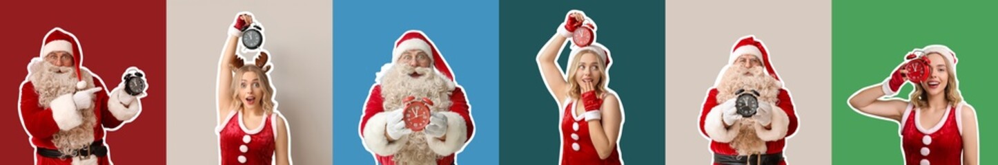 Collage of Santa Claus and woman in Christmas costume on color background