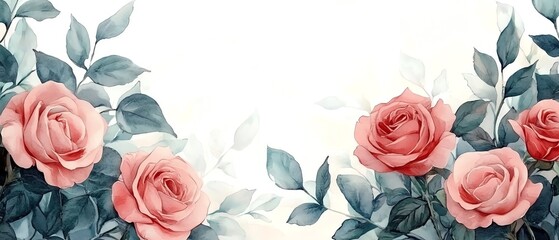 Watercolor floral corner bouquet featuring pink roses and lush greenery, perfect for creating elegant border frames for invitations and greeting cards