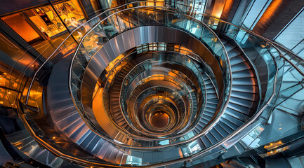 Obraz premium Mesmerizing Spiral Staircase in a Modern Skyscraper with Sleek Metallic Railings: Discover the Captivating Interplay of Architecture and Geometry