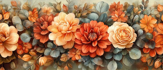 Whimsical watercolor bouquet of autumn flowers, showcasing dahlias, roses, and eucalyptus, perfect for crafting beautiful seasonal decorations