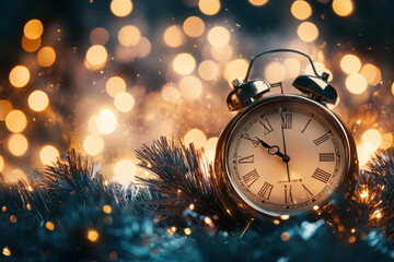 Alarm clock hanging from Christmas tree branch.