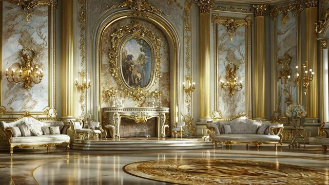 A grand, ornate room with white walls and gold trim, featuring a fireplace, couches, and chandeliers