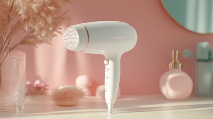 Fototapeta premium White Hair Dryer on Pink Background: A sleek, modern white hair dryer sits prominently on a vanity table, bathed in soft pink light.