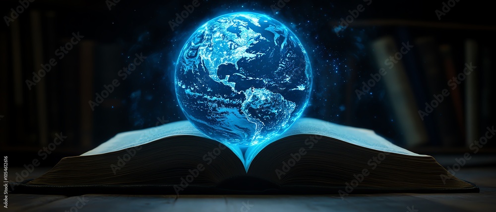 Poster an open book illuminated by a blueglowing globe, embodying the power of knowledge and worldwide netw