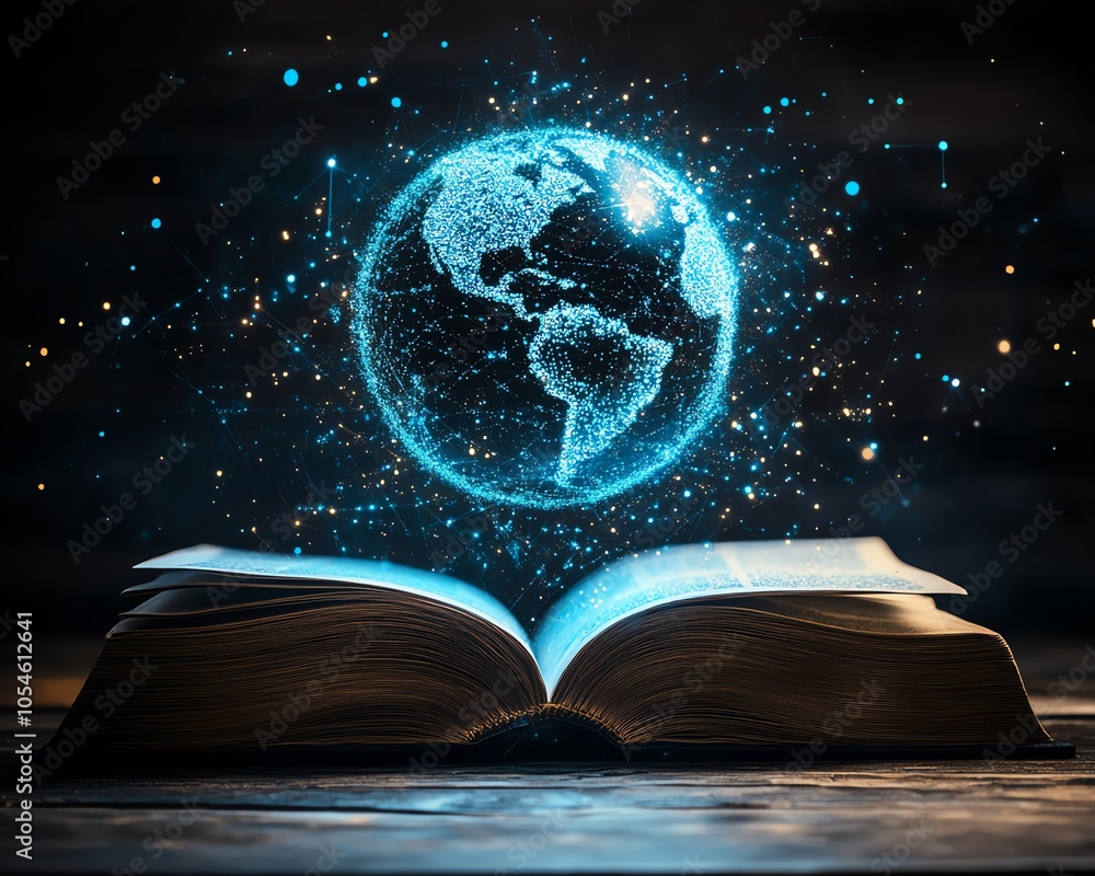Poster an open book radiating knowledge with a glowing blue globe suspended above, emphasizing the importan