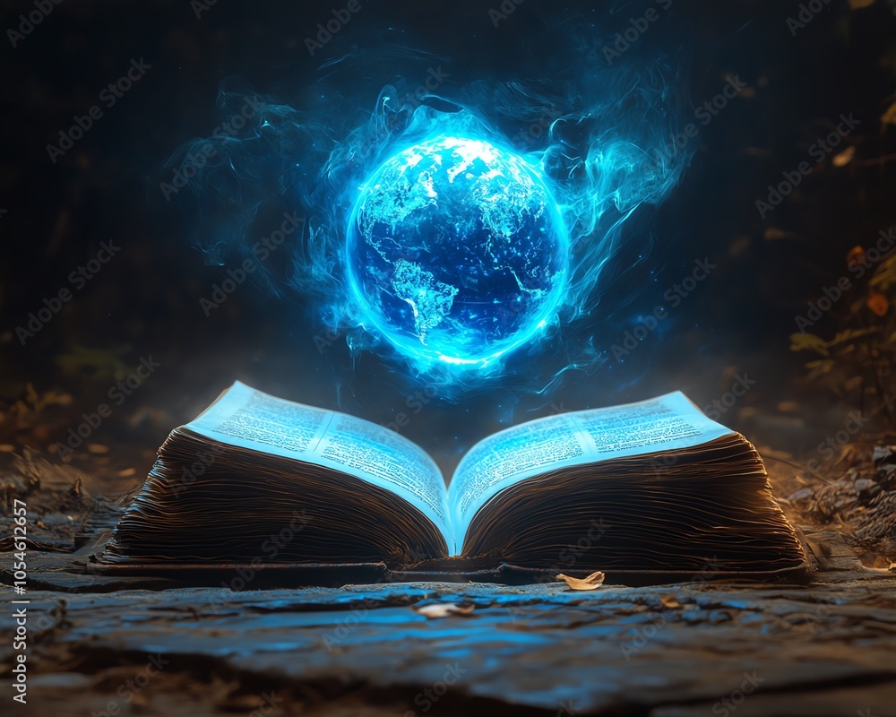 Poster an open book with a blue glowing globe hovering above, symbolizing the power of knowledge and educat