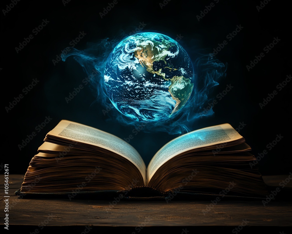 Poster an open book with a blue glowing globe hovering above, symbolizing the power of knowledge and educat