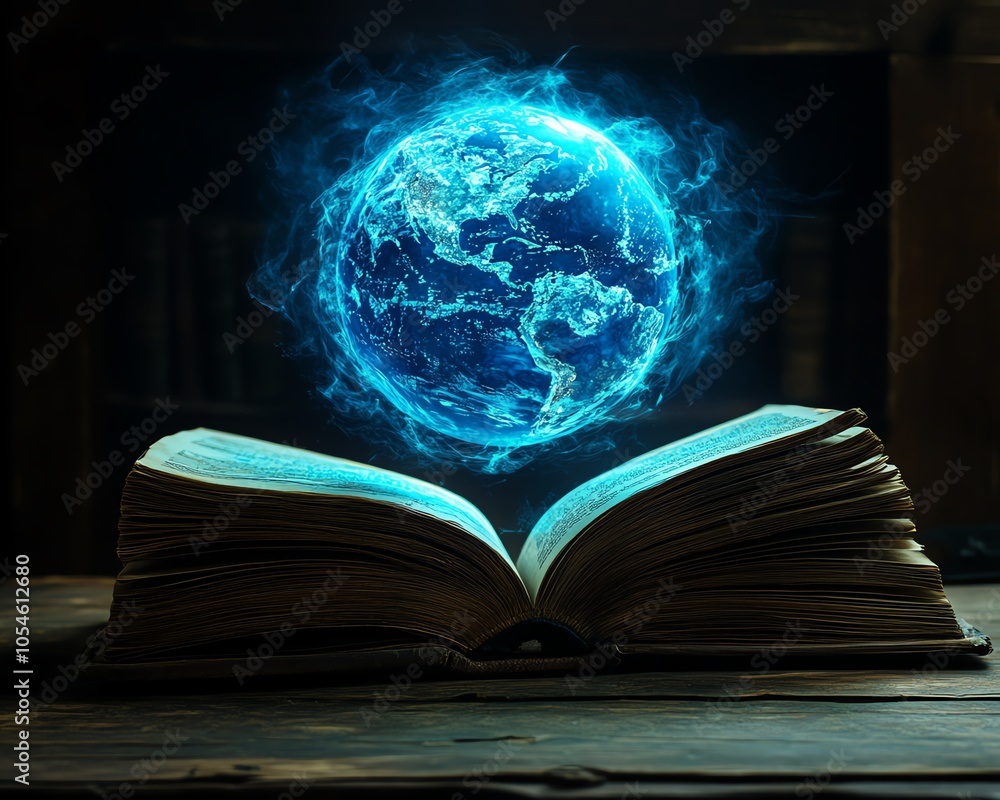 Poster an open book with a blue glowing globe hovering above, symbolizing the power of knowledge and educat