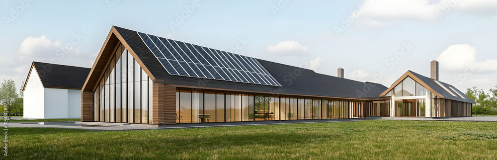 Poster modern architectural design featuring a spacious building with solar panels and large windows.