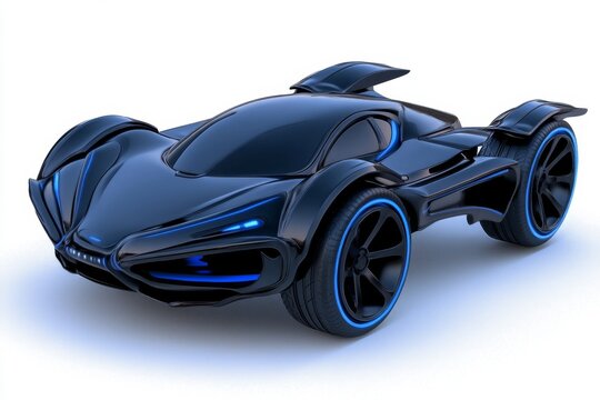 a 2D cartoon illustration of a futuristic hovercar flying above the city sci-fi and innovative white background
