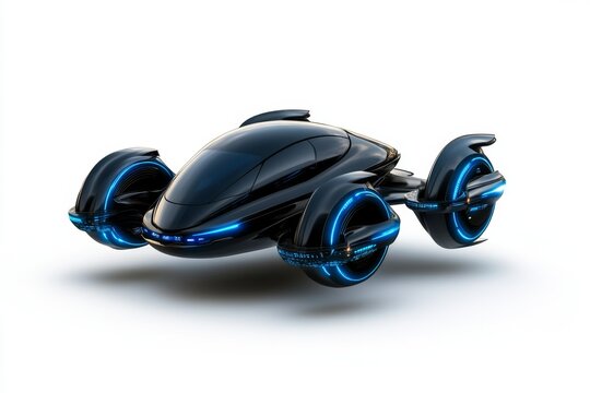 a 2D cartoon illustration of a futuristic hovercar flying above the city sci-fi and innovative white background