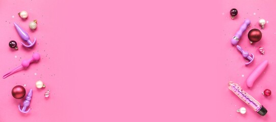 Sex toys and Christmas decorations on pink background with space for text, top view