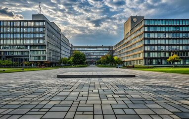 Fototapeta premium Modern architectural complex with a central plaza and greenery under a cloudy sky.
