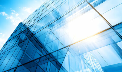 A modern glass building reflecting sunlight against a clear blue sky.