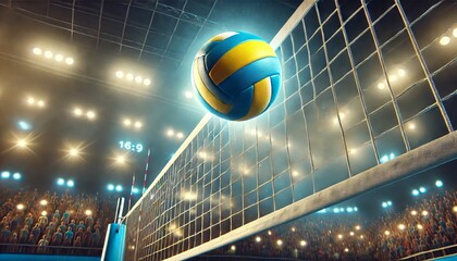volleyball is captured mid-air, soaring over the net during a thrilling match