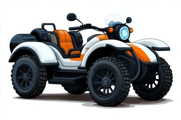 a 2D cartoon illustration of a motorcycle with a sidecar adventurous and fun white background