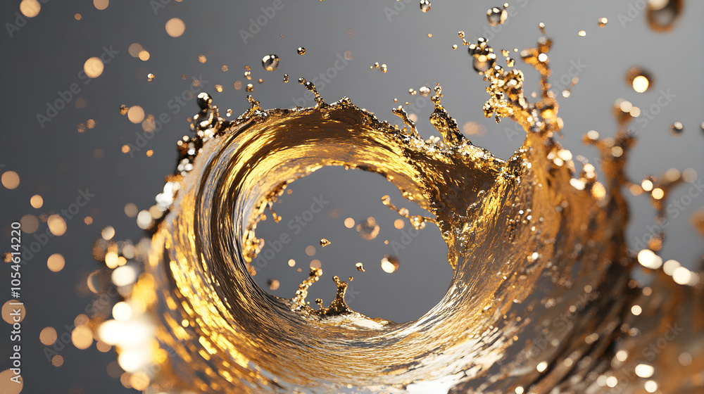 Poster gold paint splashing in a spiral shape mid-air, creating a dynamic and elegant design with a gray ba