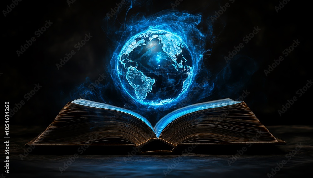 Poster dynamic image of an open book with a blueglowing globe floating above, symbolizing education, techno