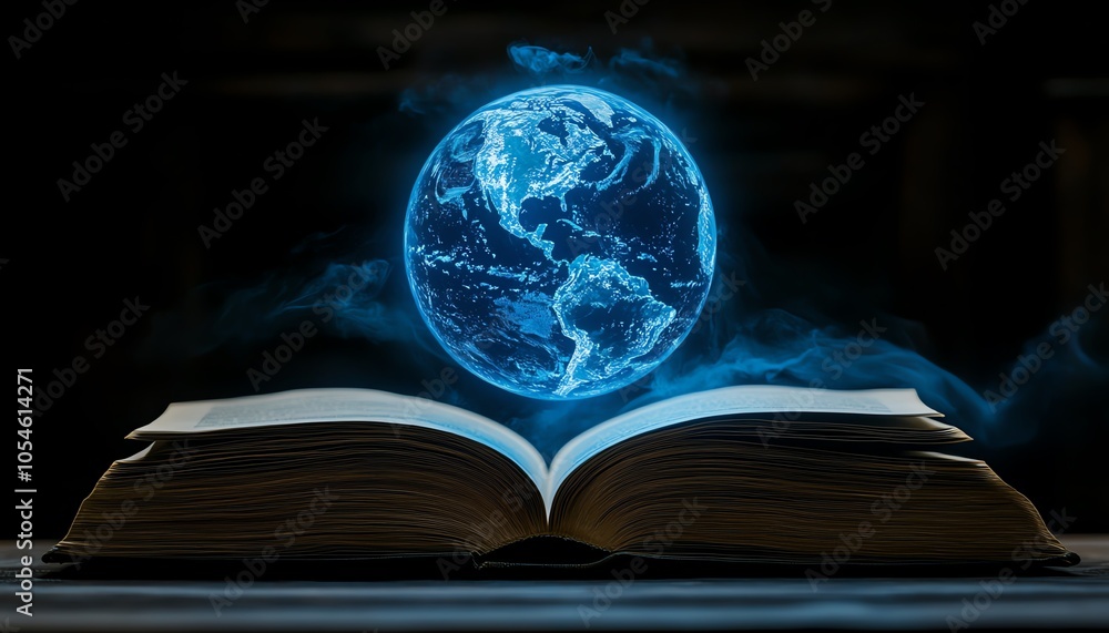 Poster dynamic image of an open book with a blueglowing globe floating above, symbolizing education, techno