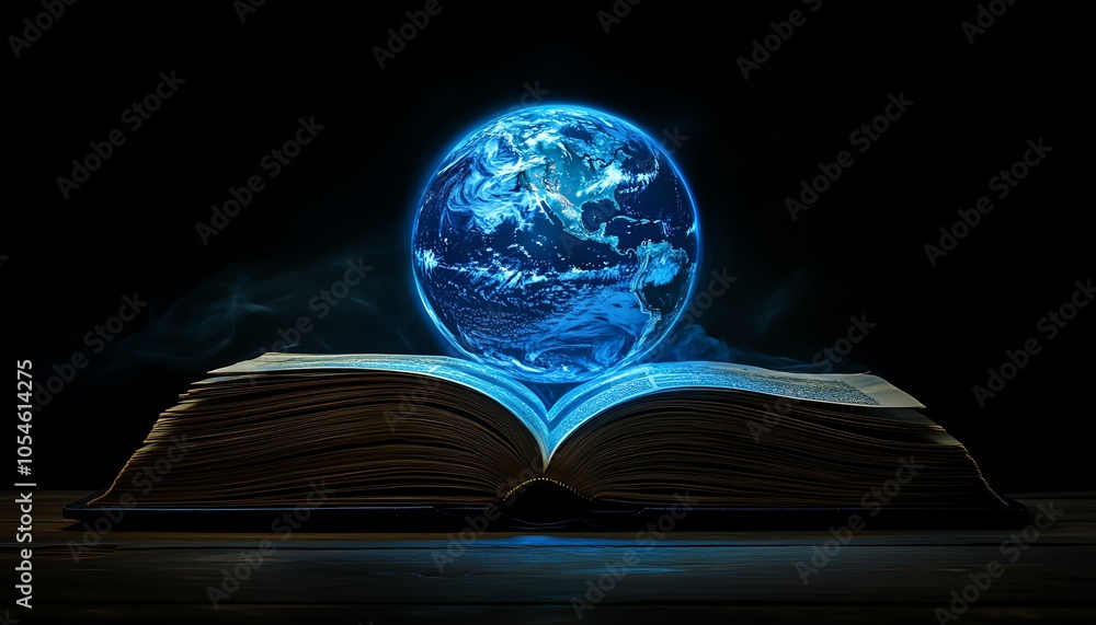 Poster dynamic image of an open book with a blueglowing globe floating above, symbolizing education, techno