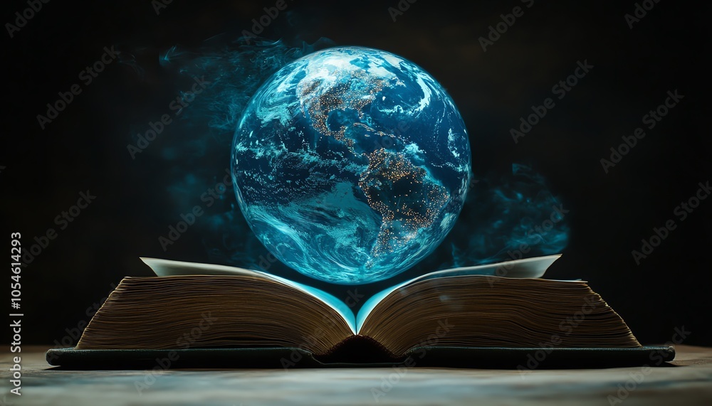 Poster dynamic image of an open book with a blueglowing globe floating above, symbolizing education, techno