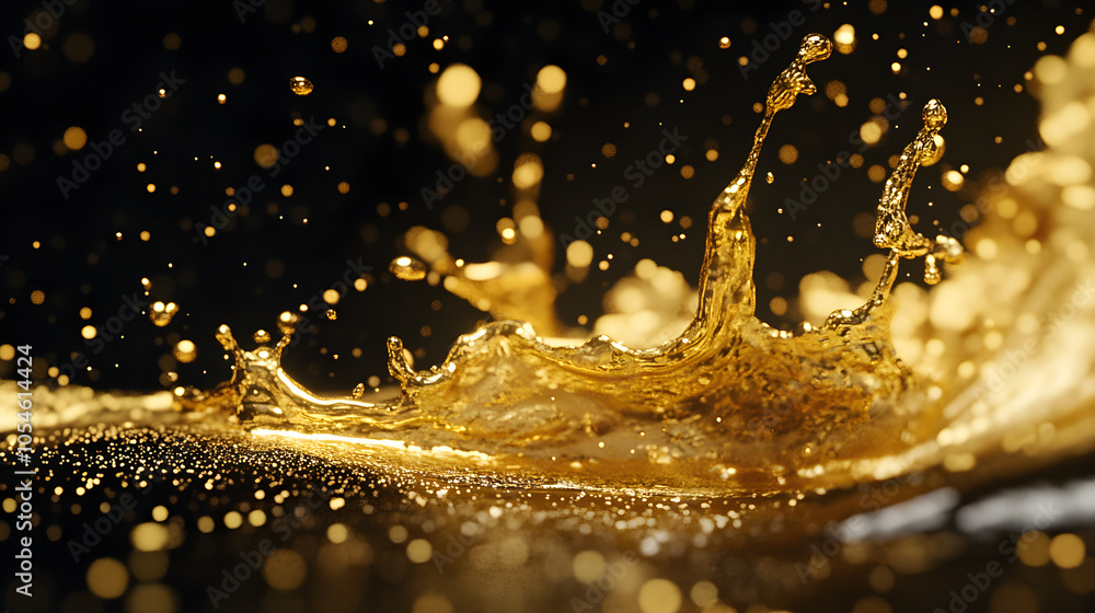 Poster gold paint splashing in slow motion with visible droplets breaking apart