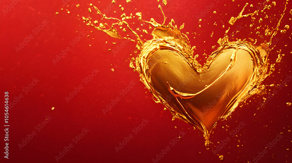Poster gold paint splashing to form an abstract heart shape in mid-air on a deep red background