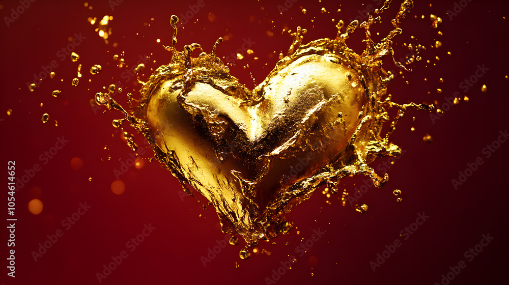 Poster gold paint splashing to form an abstract heart shape in mid-air on a deep red background
