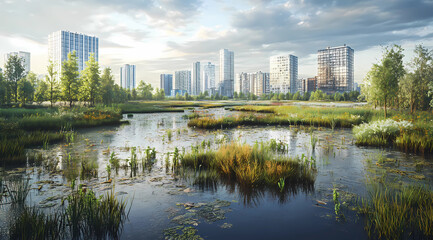 Fototapeta premium Devastating Wetland Drained for Urban Development: Exposing the Irreversible Loss of Vital Habitats and Biodiversity