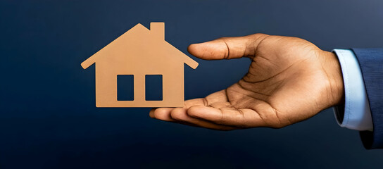 A hand holding a cardboard house symbolizing real estate or home ownership.