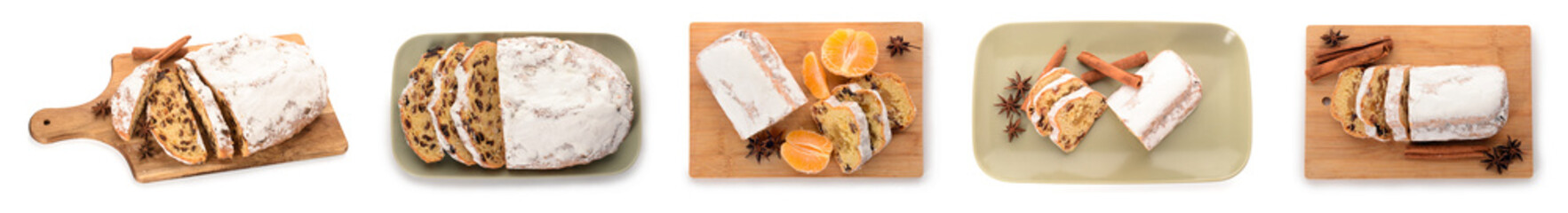 Set of tasty Christmas stollen on white background, top view