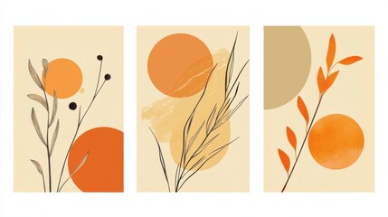 Set of Three Minimalist Boho-Style Wall Art Prints Featuring Simple Shapes, Circles, Lines, and Geometric Forms in an Orange and Beige Color Palette for Modern Home Decor.