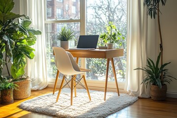 Fototapeta premium scandinavian home office, a peaceful scandinavian home office featuring minimalistic decor, a tidy desk, and large windows that offer a serene atmosphere