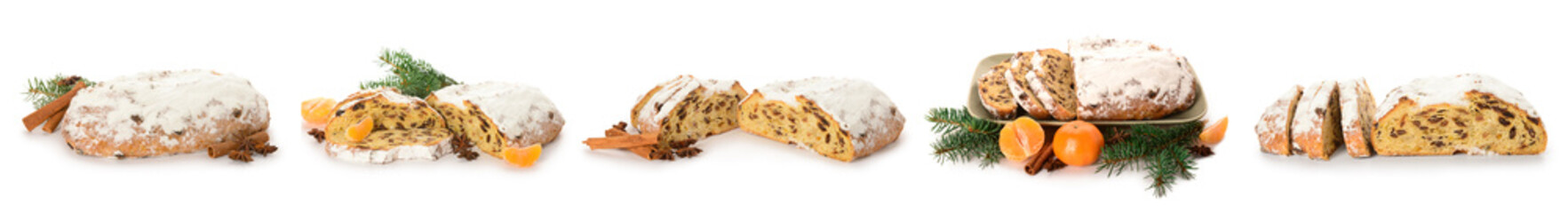 Set of tasty Christmas stollen on white background