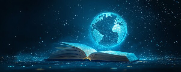 Illustration of an open book with a luminous blue globe above, representing worldwide connection and the significance of education in a technologydriven world
