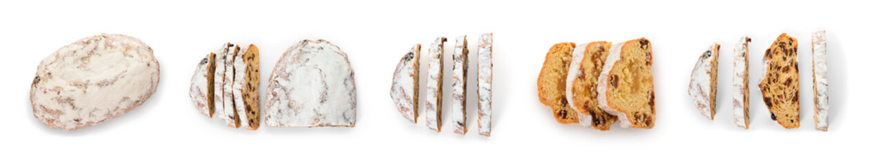 Set of tasty Christmas stollen on white background, top view