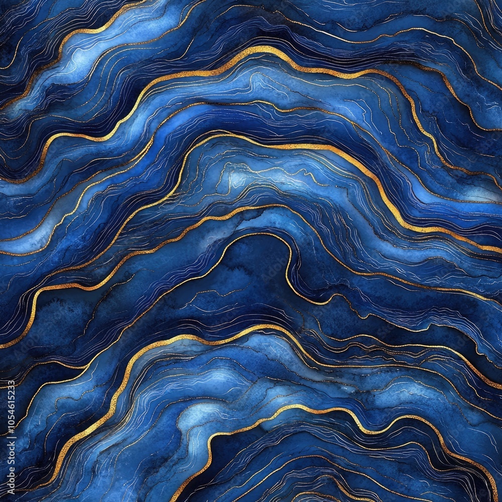Poster abstract blue waves with gold accents, creating a fluid and dynamic texture.
