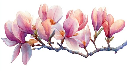 A watercolor painting of a magnolia branch with pink and white flowers.