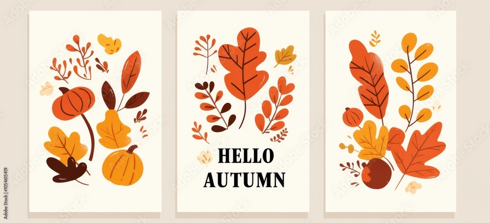 Poster a set of three vector cards featuring an autumn theme, each displaying the text 