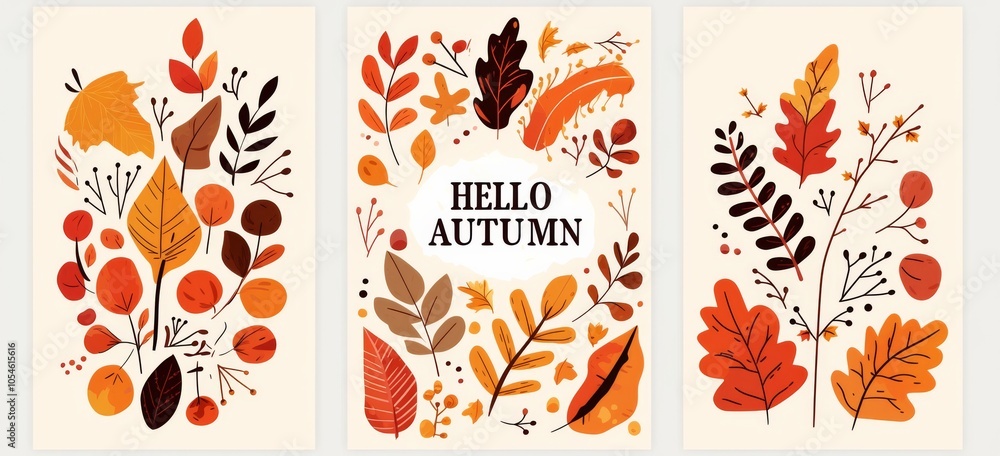 Poster a set of three vector cards featuring an autumn theme, each displaying the text 