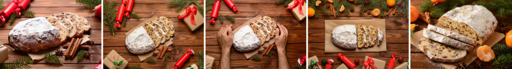Collage with tasty Christmas stollens on wooden background