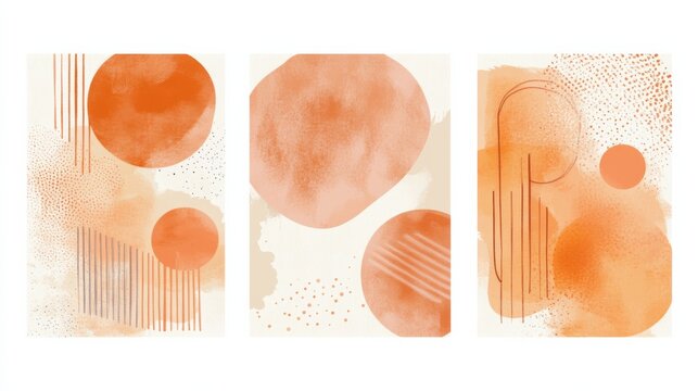 Set of Three Simple Boho Abstract Wall Art Prints Featuring Terracotta Orange and Beige Circles, Lines, and Shapes for Stylish Home Decor.