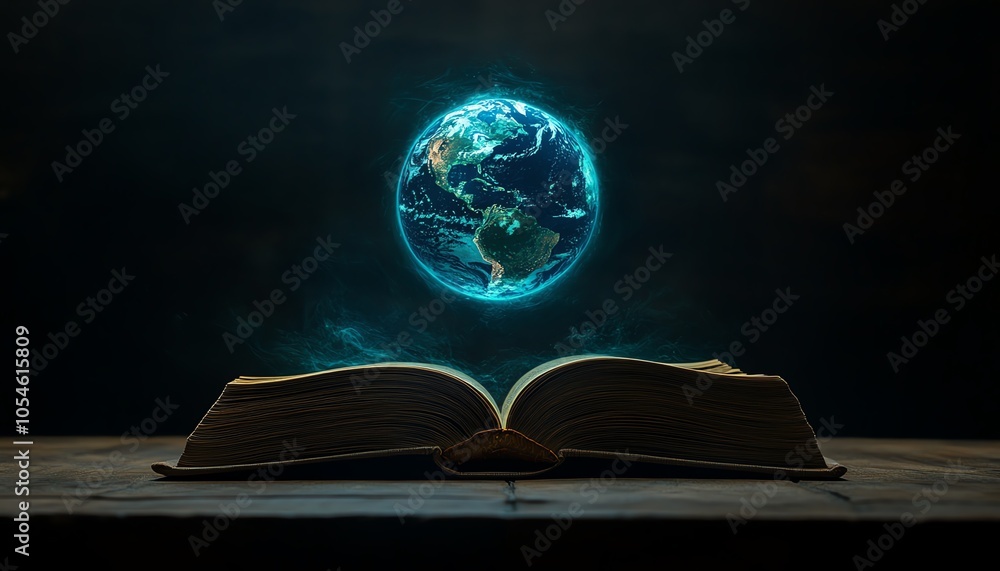 Poster striking image of an open book with a luminous blue globe floating above, representing education and