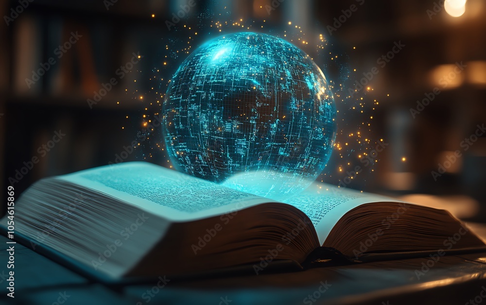 Poster stunning visualization of an open book with a glowing blue globe overhead, representing the synergy 