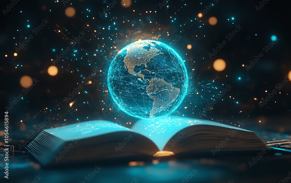 Poster stunning visualization of an open book with a glowing blue globe overhead, representing the synergy 