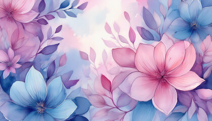 Fototapeta premium Watercolor painting of a beautiful floral background with pastel pink and blue flowers. 