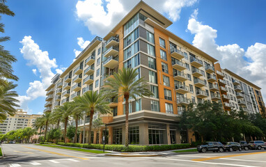 Modern apartment building with palm trees and blue sky.