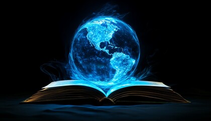 A glowing blue globe above an open book, symbolizing the fusion of education and worldwide connection, set against an empty, dark background for dramatic effect