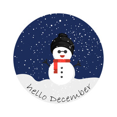 Hello December vector. December with winter background.
